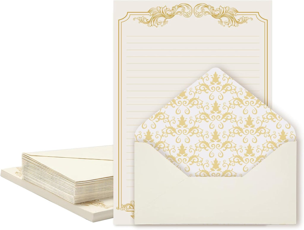 XXINMOH 90 Piece Stationery Set - 60 Vintage-Style Paper Sheets + 30 Envelopes, Gold Border Letter Writing Paper for Love Letters & Party Invitations
