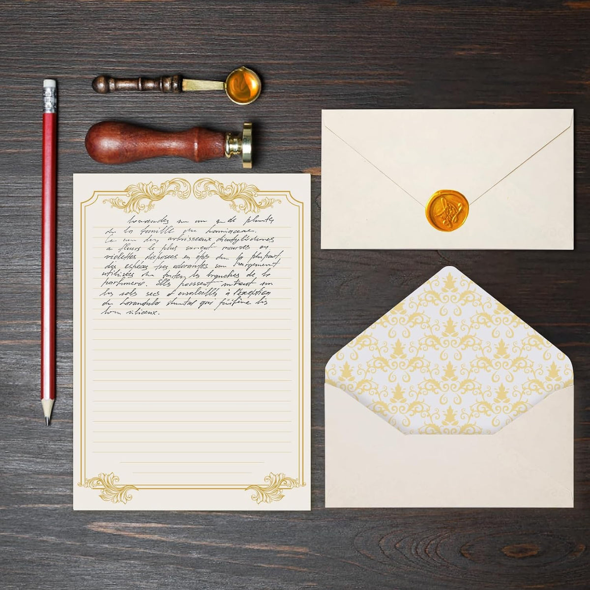 XXINMOH 90 Piece Stationery Set - 60 Vintage-Style Paper Sheets + 30 Envelopes, Gold Border Letter Writing Paper for Love Letters & Party Invitations