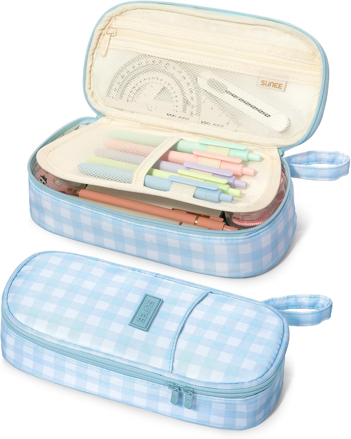 SUNEE Cute Pencil Case, Aesthetic Pen Pouch, Colored Large Pencil Bag with Zipper, Kawaii Stationery Storage and Organizer, School Supplies for Teen and Adult Girls, Blue