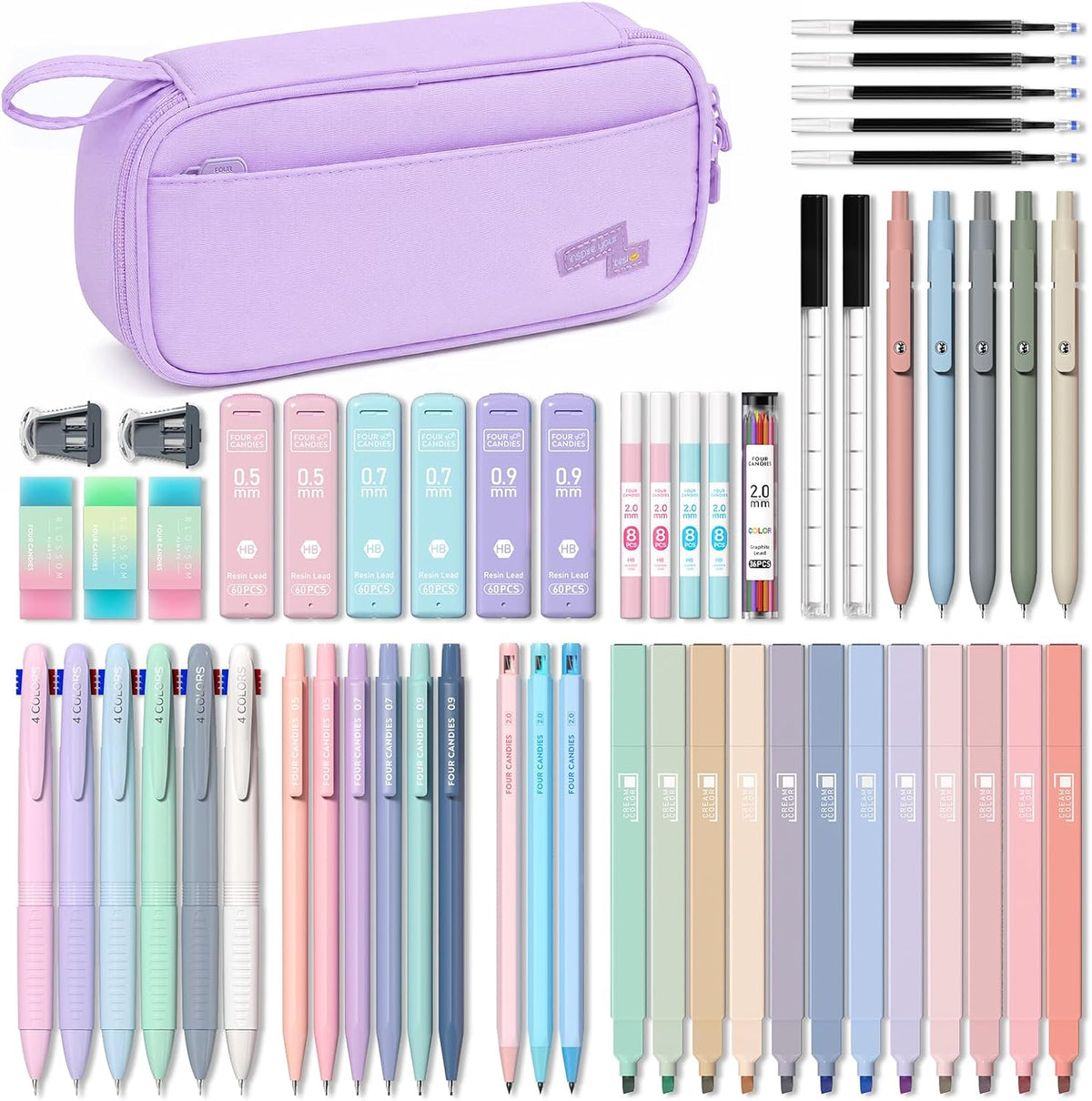 Four Candies 56PCS School Supplies with Pencil Case, Stationery Set, Purple