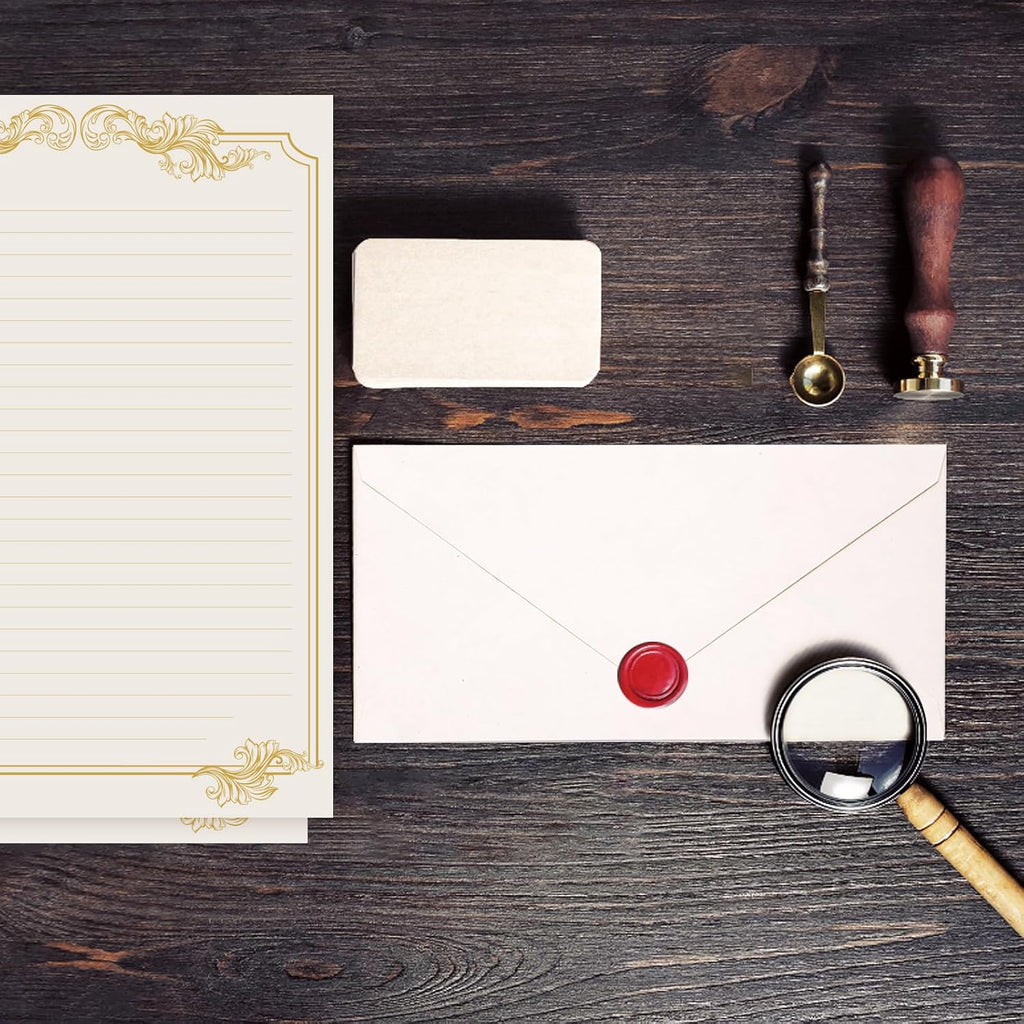XXINMOH 90 Piece Stationery Set - 60 Vintage-Style Paper Sheets + 30 Envelopes, Gold Border Letter Writing Paper for Love Letters & Party Invitations
