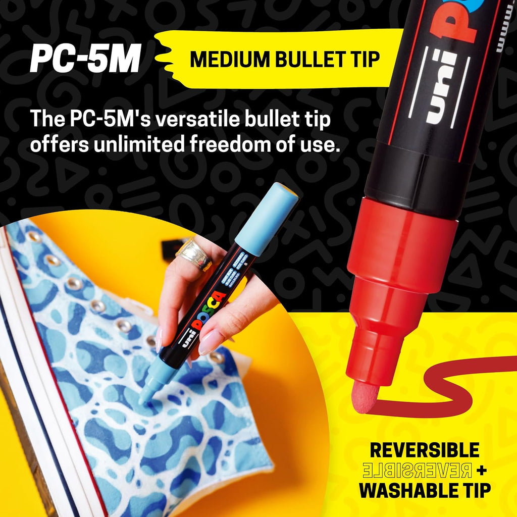 Posca Paint Art Markers, Set of 15 5M Medium Acrylic Markers with Reversible Tips, Artist Recommended Paint Pens for Gifts, Decorations, Fabric, Metal, Windows, Wood and Canvas