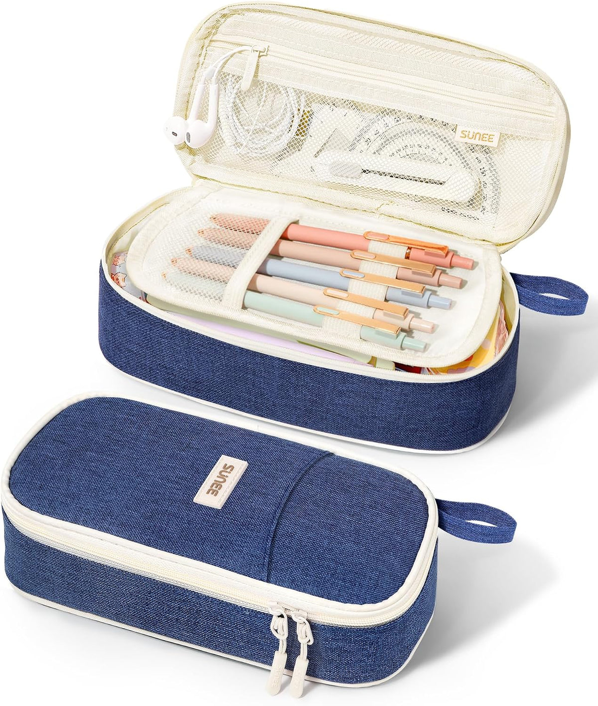 SUNEE Cute Pencil Case, Aesthetic Pen Pouch, Colored Large Pencil Bag with Zipper, Kawaii Stationery Storage and Organizer, School Supplies for Teen and Adult Girls, Blue
