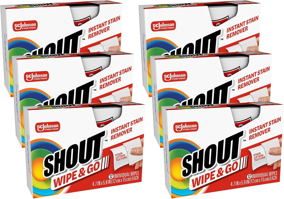 Shout Wipe & Go, Portable Instant Stain Remover Wipes, 12 Count, (6 Pack)